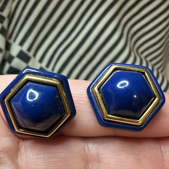 Vintage Givenchy Blue and Gold Clip-On Hexagon Shape Earrings